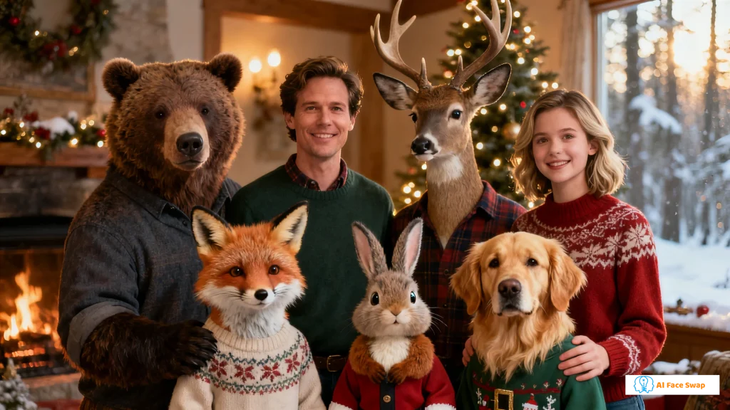 Holiday-themed animal face swap group photo - warm vibe